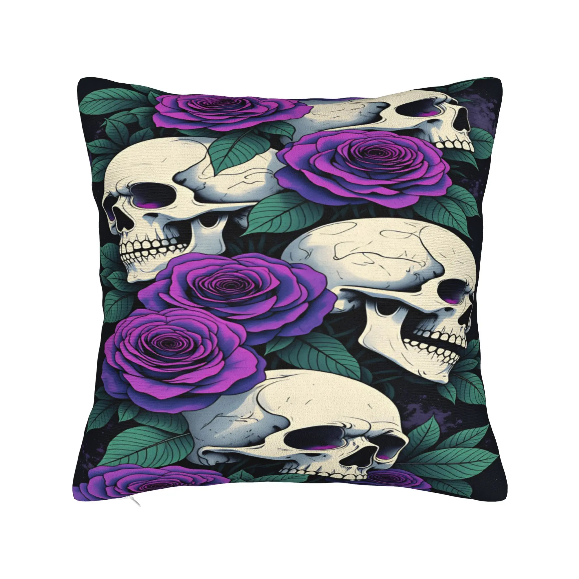 Skull Purple Rose Green Leaves Seamless Pattern Pillow Case  Custom Pillow Cover Fashion Pillowcases For Sofa Bedroom Home Decor