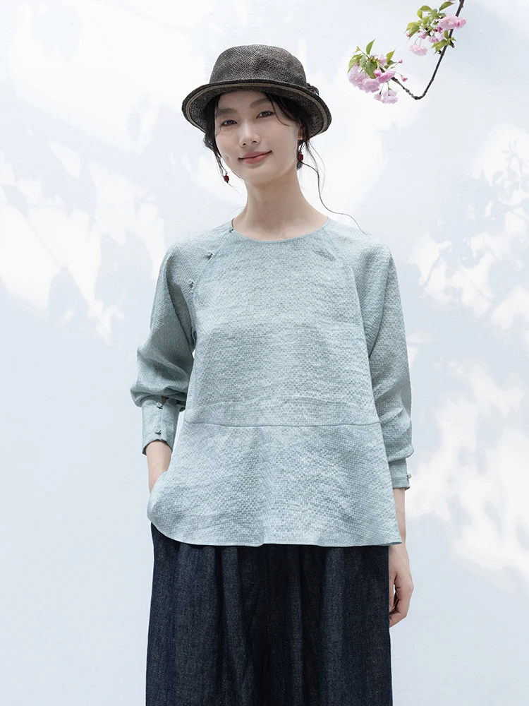 

Новая коллекция Le: Легкий летний топ из шелково-льняной смеси с длинным рукавом в китайском стиле, свободного кроя, для повседневной носки