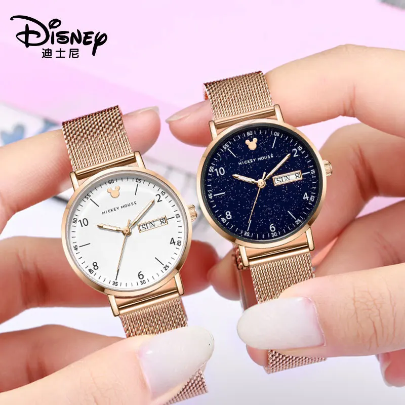 Disney Fashion Jam Tangan Wanita Bermerek Asli Mickey Mouse Jam Tangan Wanita Kulit Jam Kuarsa Wanita Kotak Hadiah Tahan Air