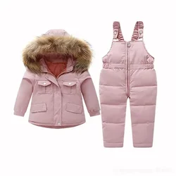 Big Fur Collar White Duck Down Jacket Kids Clothing Sets Boy Girl Winter Snow Suit Yellow Workwear Parkas Overalls Jumpsuit