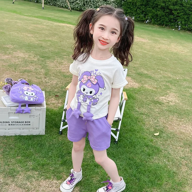 

2024 Cute Kuromi Children 2Pcs Sanrioed Kawaii Anime MyMelody Short Sleeve Shorts Set Summer Sweet Cartoon Babys Sports Kid Gift