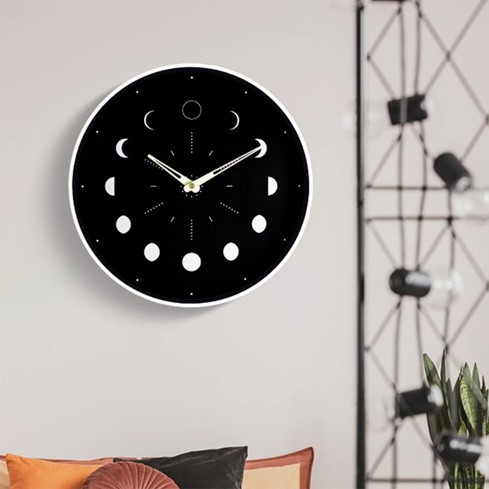 

Moon Phase Wooden Wall Clock Luminous Silent Non Ticking Round Decor Glow in Dark Clock for Office Bedroom Dining Room