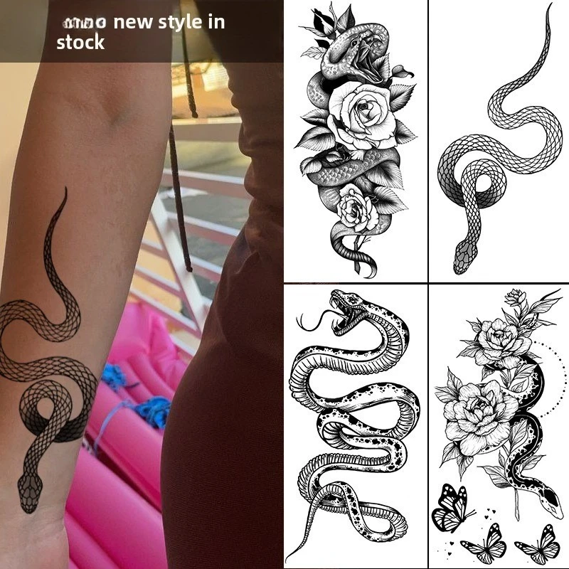 Autocollant de tatouage de serpent de fleur de croquis autocollant de tatouage de croquis fleurs de Rose tatouage de fleur noir et blanc