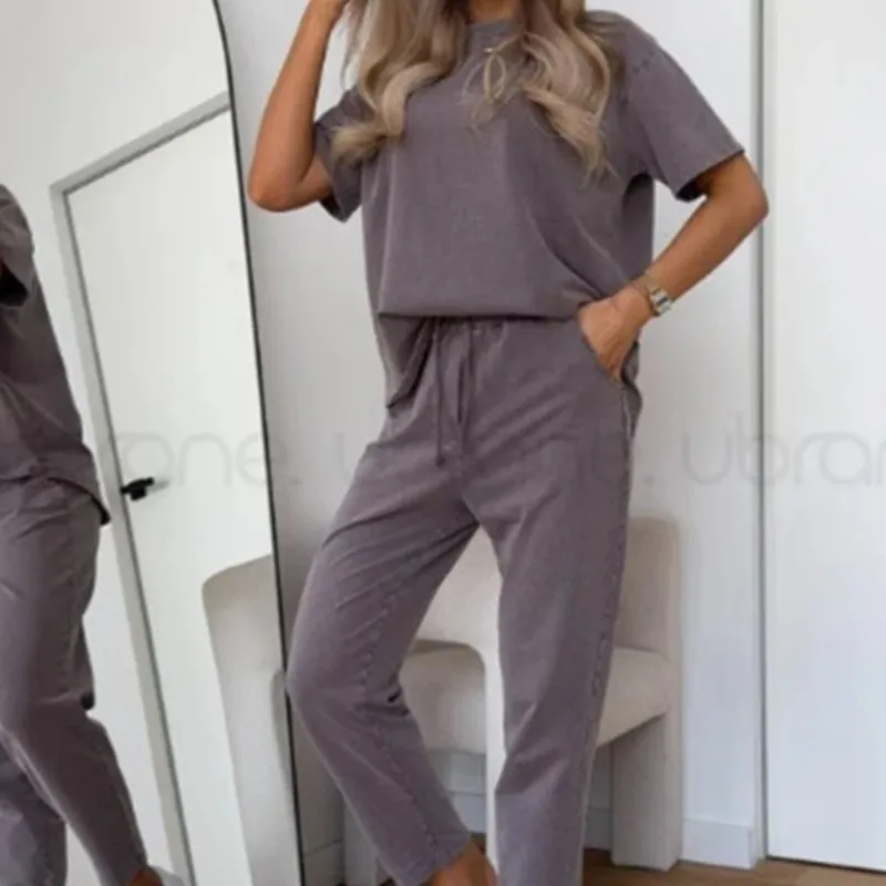 

Spring Casual Sports Style 2 Piece Sets Summer Women Fashion Loose O-neck Short Sleeved Pullover Elastic Lace Up Long Pants Set