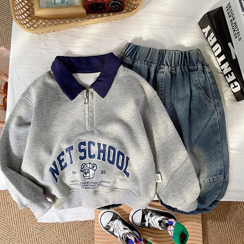 Children's Autumn Sets 2024 New Boys Zipper Cartoon Suit Kids Letters Printed Casual Top Cool Retro Denim Trousers 2Pcs Outfits