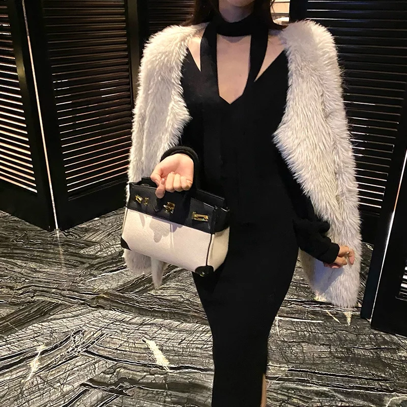 Vêtement d'extérieur en fausse fourrure chaude pour femmes, style décontracté, tube droit, long, uni, cardigan, manteau