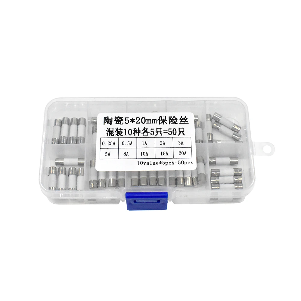 50pcs Ceramic Fuse 5mm x 20mm Slow Blow T 0.25A 0.5A 1A 2A 3A 5A 8A 10A 15A 20A 250V