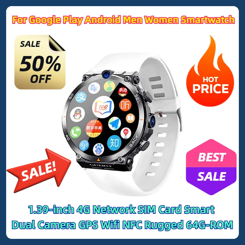 

For Google Play Android Men Women Smartwatch 1.39-inch 4G Network SIM Card Smart Watch Dual Camera GPS Wifi NFC Rugged 64G-ROM