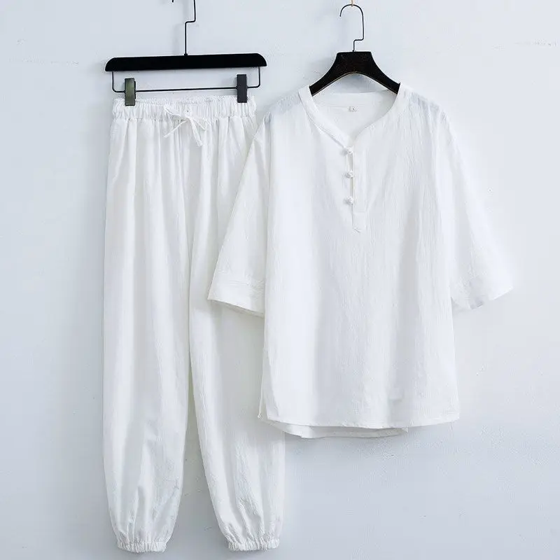 

Summer Cotton Linen ort Sve Long Pants Set Men's Thin Loose Casual f Sve Youth Trendy Brand Seven Sve Long Pants