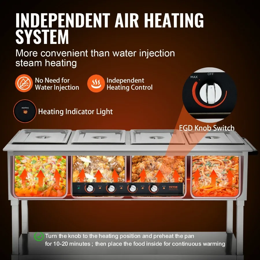 Commerciële voedselverwarmer 4 x 20,6 QT elektrische stoomtafel 2000 W professionele buffetcatering voedselverwarmer met 4 wielen 2 Loc