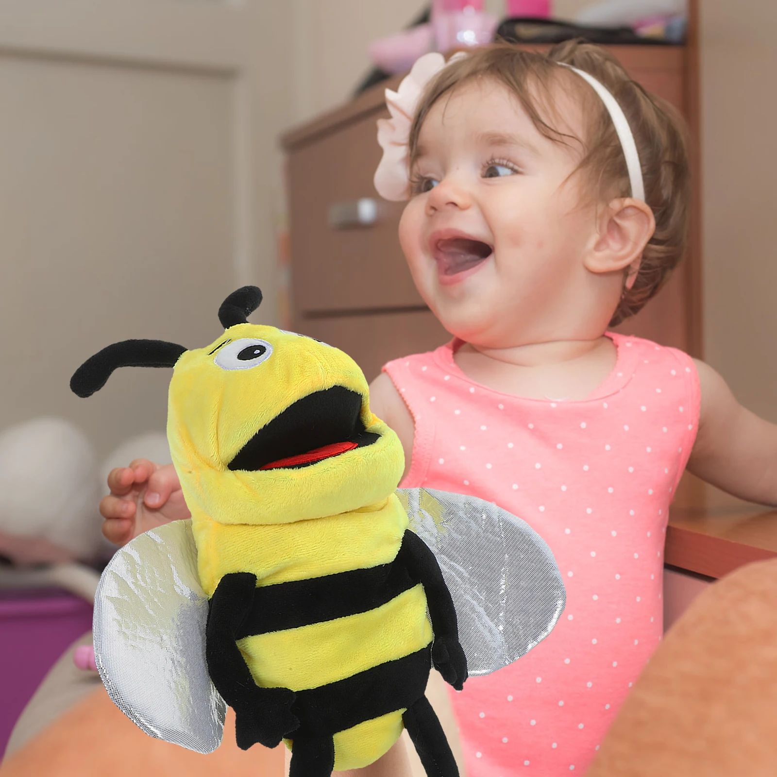 

1pc Bee Hand Puppet Toy Storytelling Kids Learning Family Interactive Educational Cartoon Animal Puppets Soft Role Play