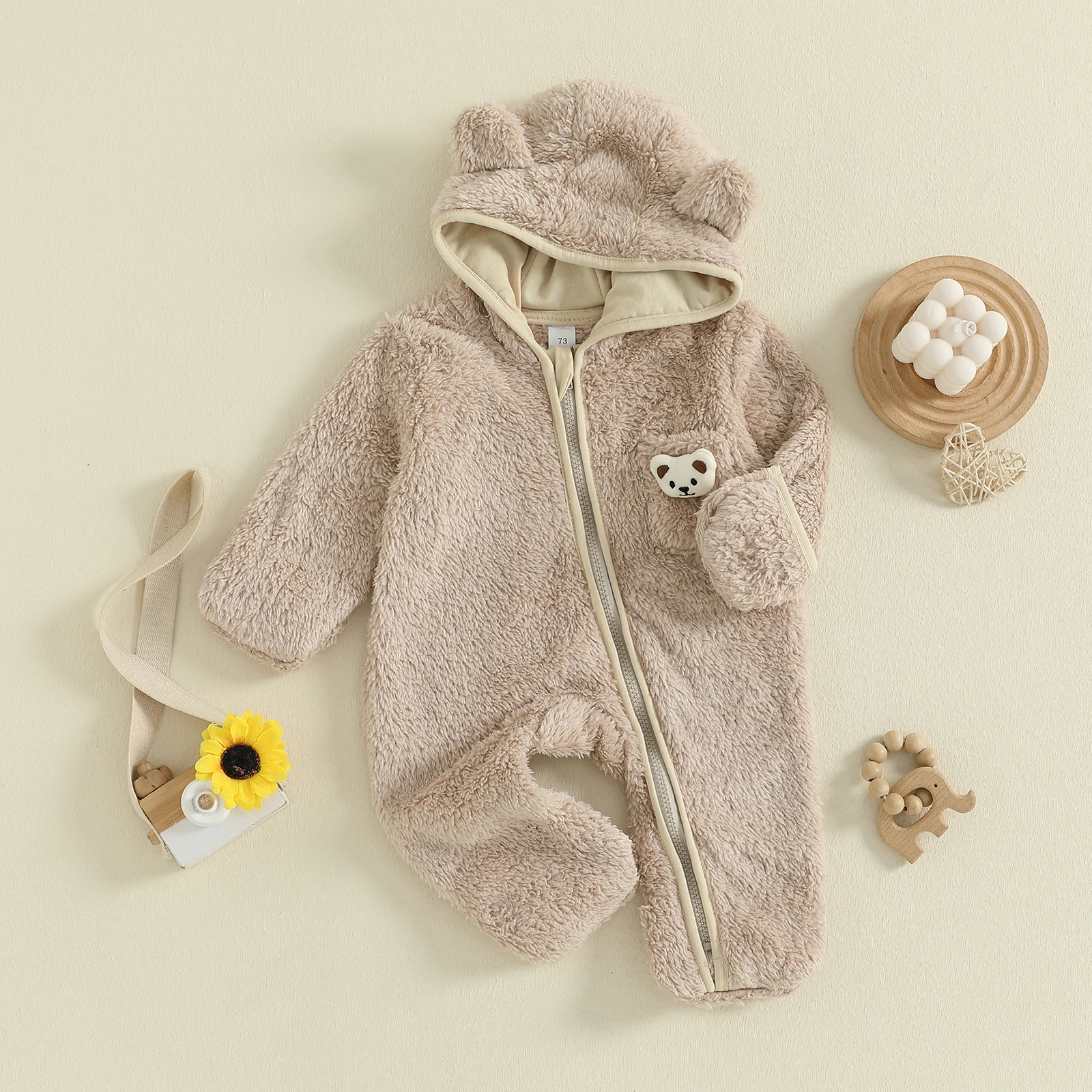 0-12 متر الوليد طفل بنين بنات أفخم مقنعين بذلة الشتاء طويلة الأكمام الكرتون الدب المائل سستة رومبير لينة الرضع الملابس #1