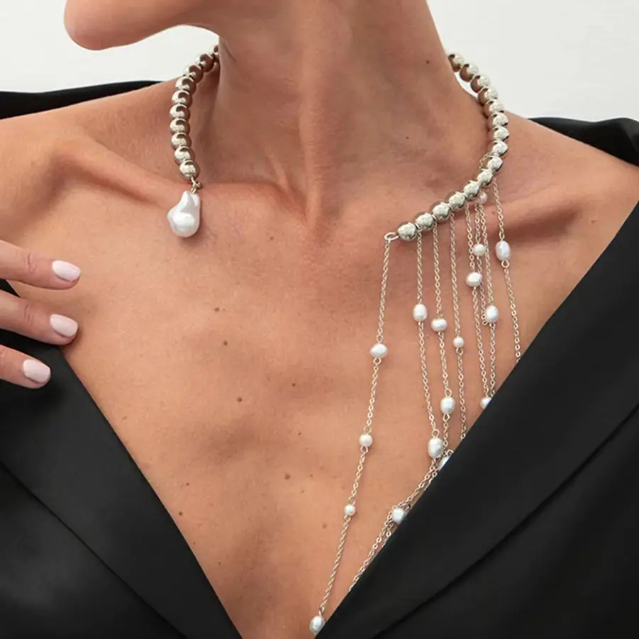 Ingemark Trendy Imitation Pearl Tassels Open Choker Necklace For Women Unique CCB Beads Torques Collar Chain Jewelry Accessories