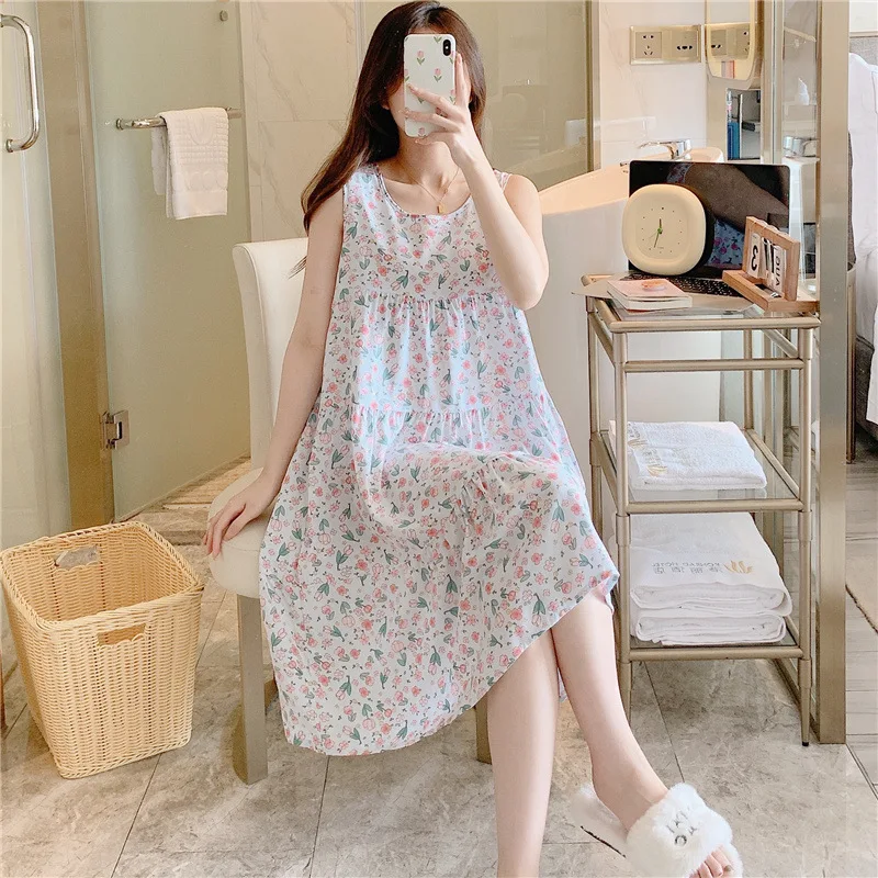 Summer Tank Top Dress Elegant Women\'s Nightgowns Thin Sleeveless Cotton Rayon Home wear Loose Printing Thin Nightdress