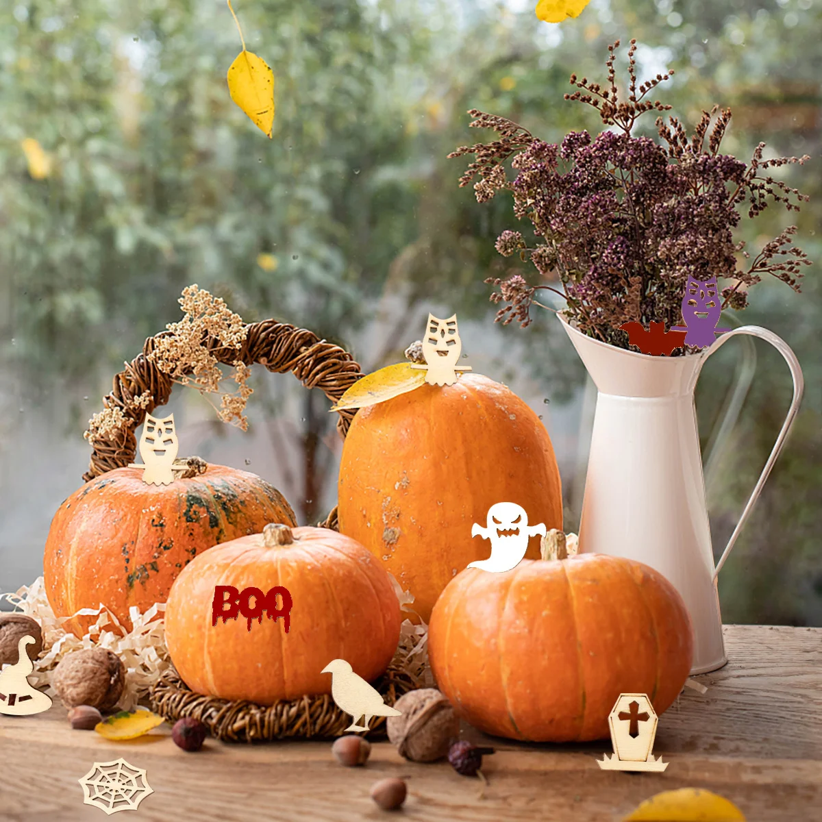 

50pcs Diy Wood Cutout Set Natural Wooden Shapes For Halloween Crafts Watercolor Drawing Smooth Edges Halloween Wooden Pendants