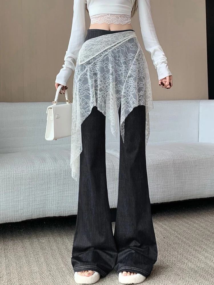 American Style Retro Jeans Micro Flare Pants Women Lace Splicing Fart Curtain High Waist Slim Fit Horseshoe Pants