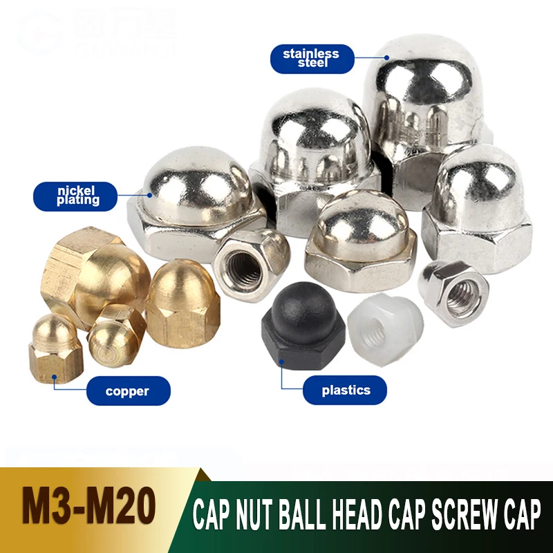 

1-10Pcs M3 M4 M5 M6 M8 M10 M12 M14 M16 M18 M20 Hex Cap Nut Ball Head Cap Screw Cap Copper /Nickel Plated/Stainless Stee/Plastic