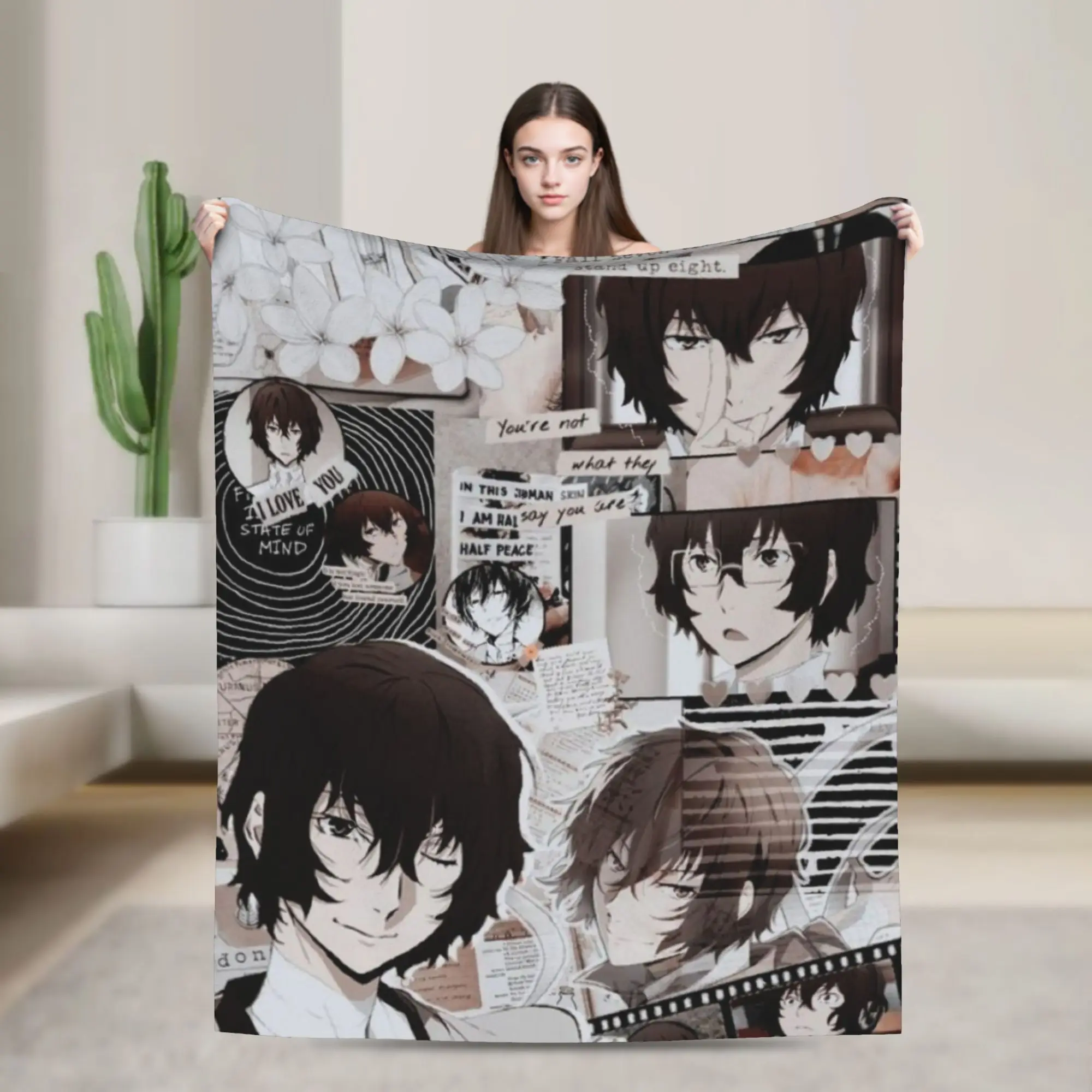 

Dazai Aesthetic Knitted Blanket Flannel Bungou Stray Dogs Anime Warm Throw Blankets for Home Couch Bedroom Quilt