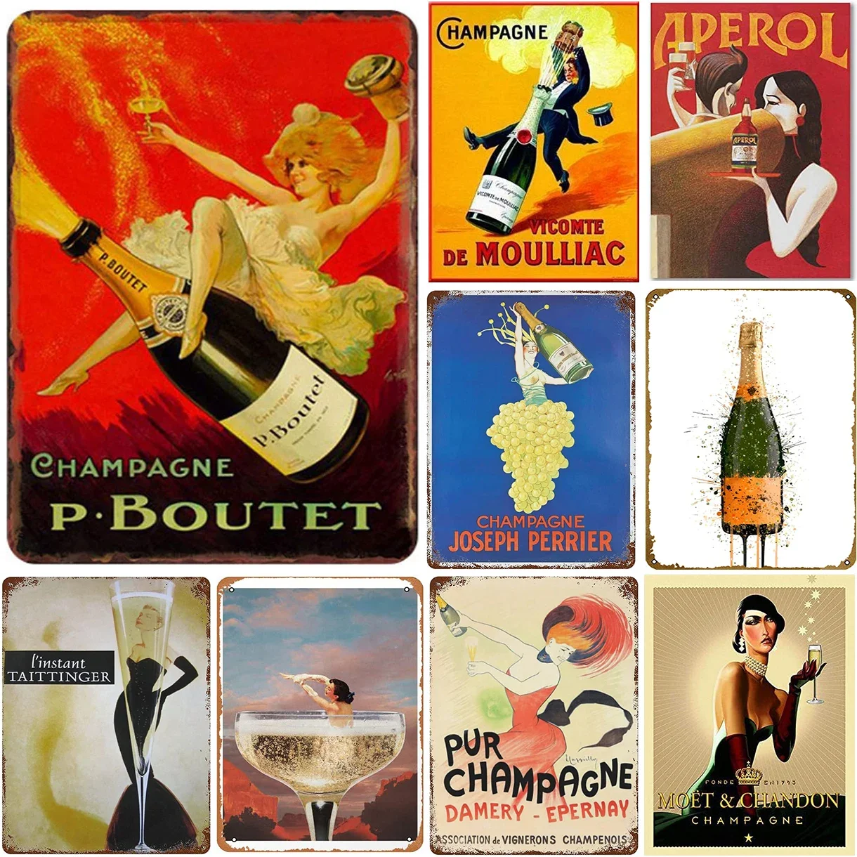 Carteles de chapa de Metal Vintage Retro champán francés, placa de carteles, decoración de pared para el hogar, Bar, cafetería, hombre, palos de cueva, carteles Retro