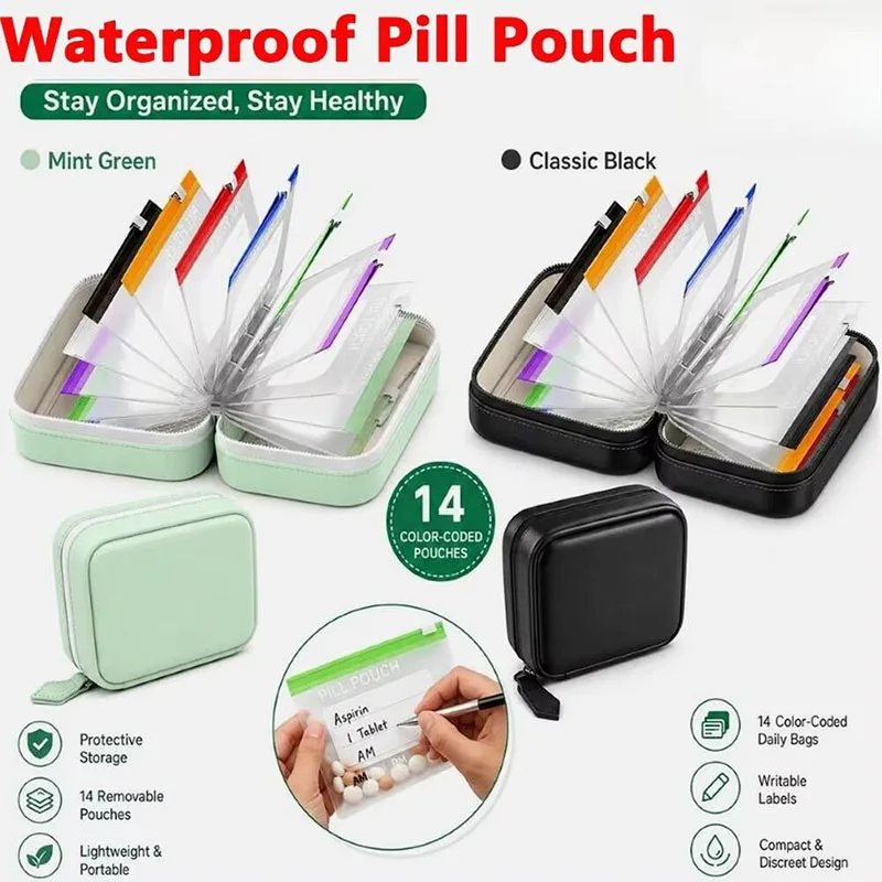 Waterproof Pill Pouch Set 14 Color-coded Pouches Writable Labels for Daily Medication Vitamins Supplements Organizer Bag
