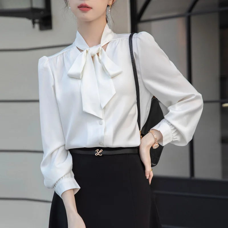 Women Clothing Elegant Long Sleeve Chiffon Shirt Summer Fashion Casual Bow Button White Blouses Office Lady Chic Solid Loose Top