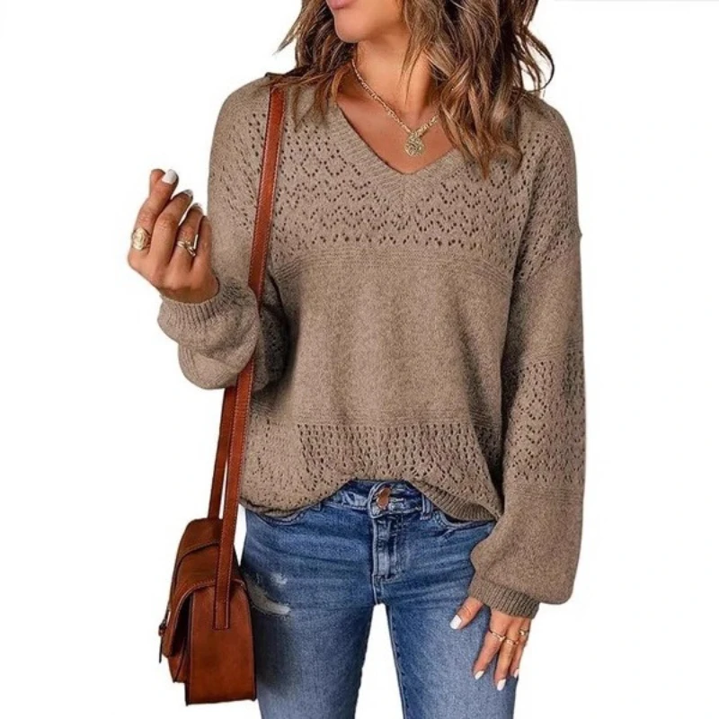 

2025 Spring and Autumn Fashion Commuter V-neck Pullover Loose Long Sleeve Women's Sweater