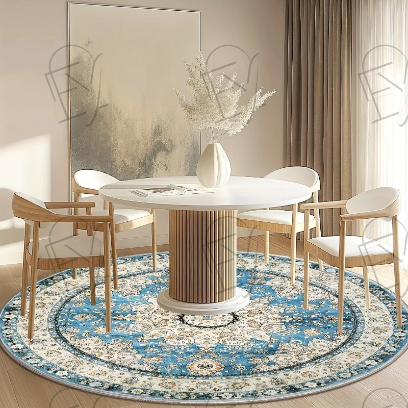 Luxury Persian Round Rug Vintage Blue White Medallion Circular Carpet for Living Room French Palace Floral Bedroom