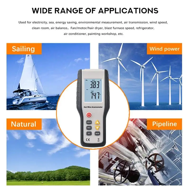 Hti HT-9829 High Sensitivie Digital Portable Wind Speed Meter Hot Wire Thermal Anemometer Anemometro Measuring Instruments