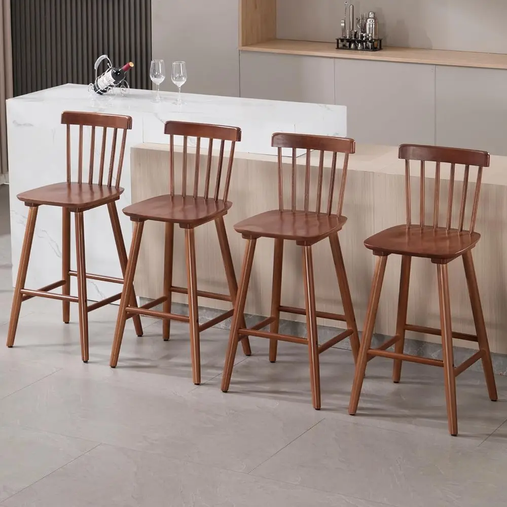 

Set of 4 Wooden Counter Height Bar Stools with Spindle Back, Walnut Finish for Kitchen Island or Pub Use