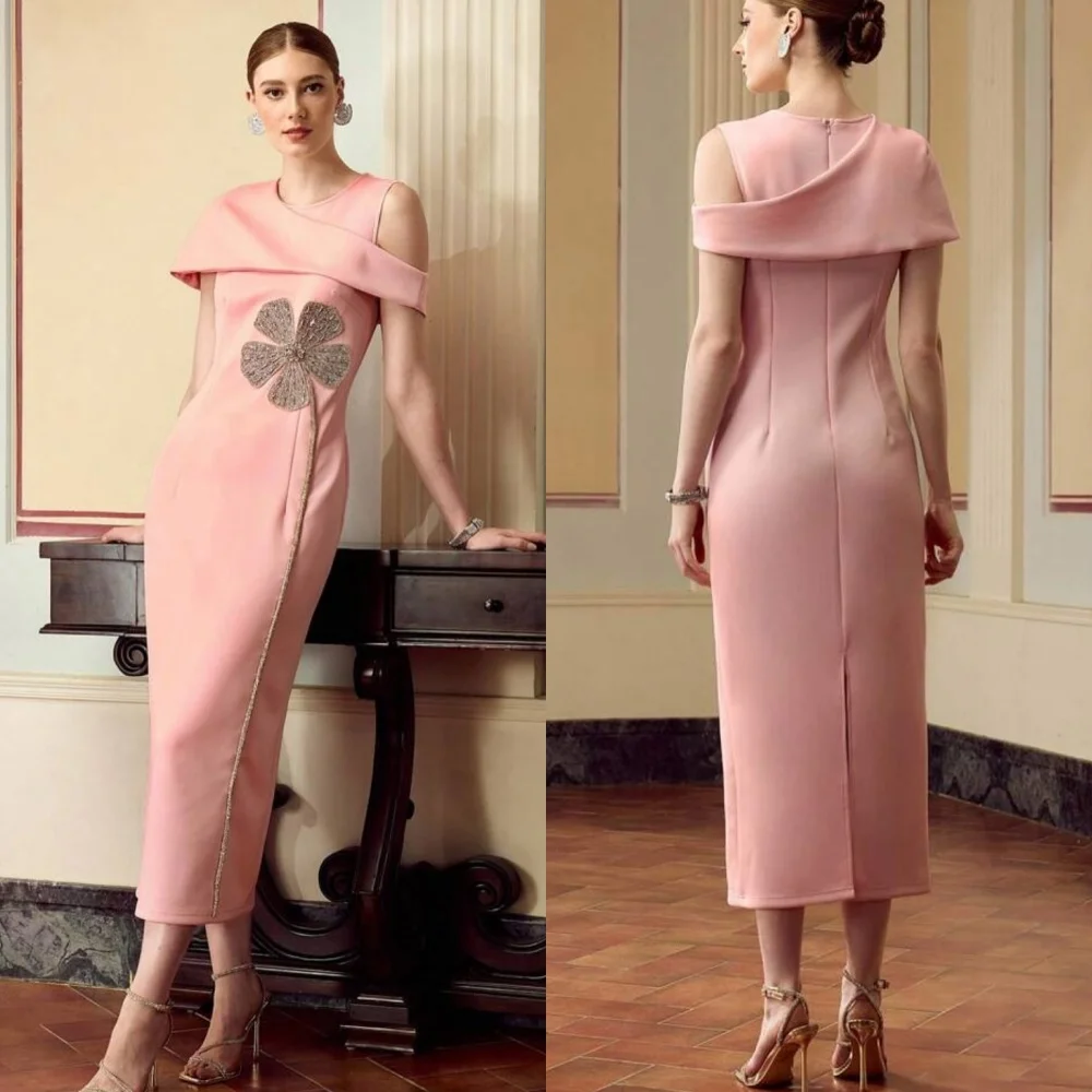 

Customized Modern Style Classic Jersey Rhinestone Flower Straight Off-the-shoulder Ankle Length Dresses Bespoke Occasion Dresses