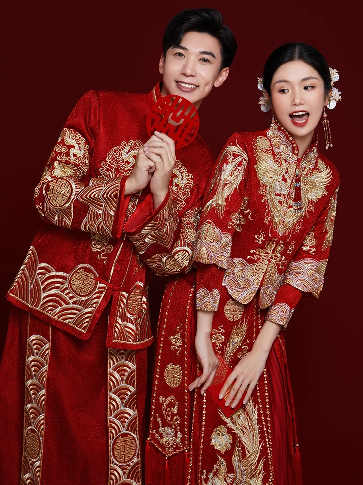 

New 2025 Chinese Sle Wedding Dr Xiaohei orter Size Bridegown Set Advanced Ceremony Costume Dry Long Sve Poly Fiber