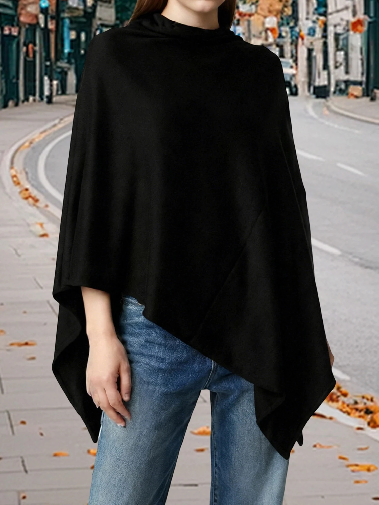 المرأة المتضخم الياقة المدورة سترة المعطف كيب متماسكة البلوز شال التفاف بلون غير المتكافئة معطف فوقي