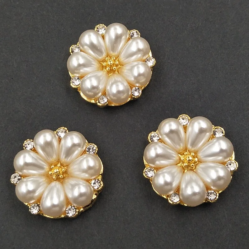 Engood 100Pcs 21mm Pearl Flower Rhinestone Round Buttons for DIY Hair Accessories Craft Trim Embellishment Phone Case Decor BD39