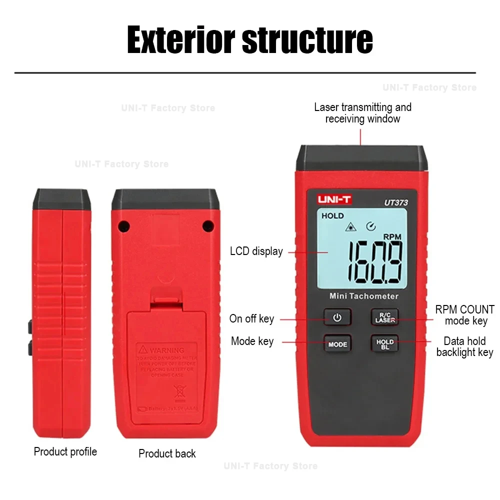 Tachometer Laser Digital Mini, UNI-T UT373, Laser Digital Mini, Tachometer Universal tanpa kontak, pengukur kecepatan rotasi 99999 RPM, Tachometer lampu latar LCD