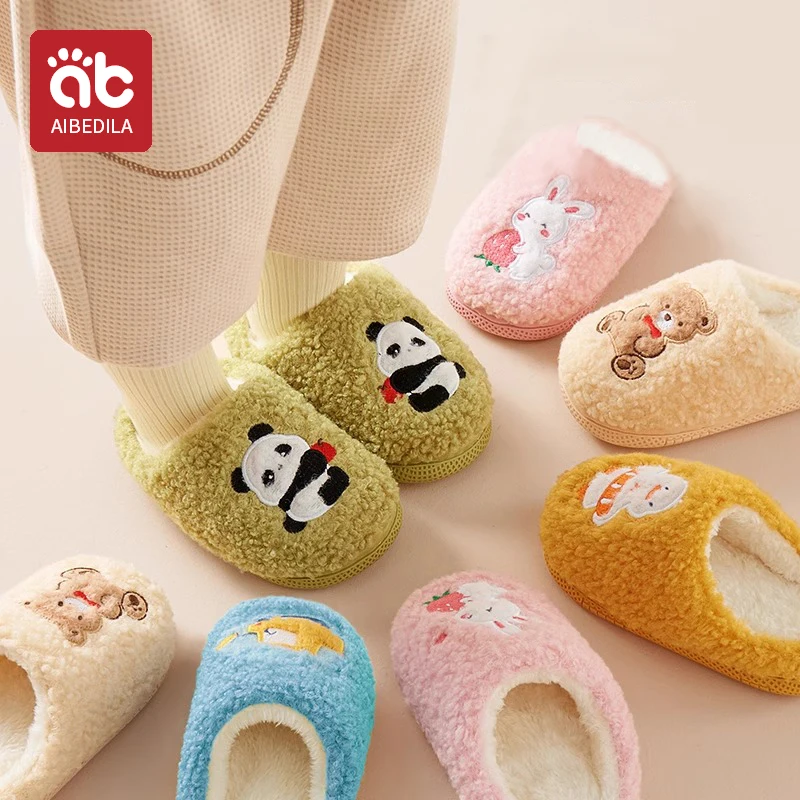 AIBEDILA Baby Winter Toe Wrap Warm Plaid Cotton Slippers Thick Soft Sole Slides Boy Girl Floor Non-slip Shoes Children prewalker