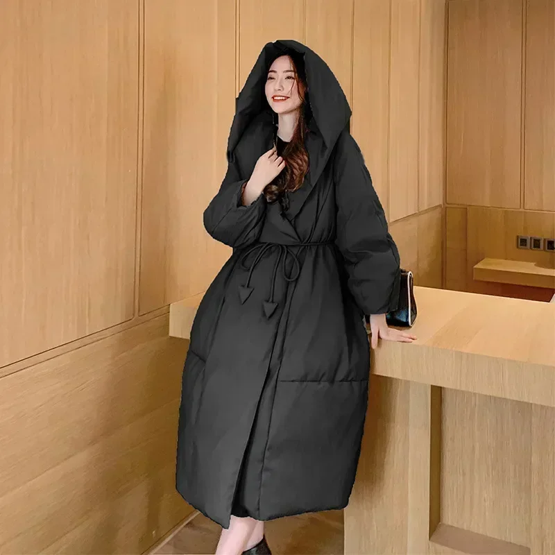 Winter New White Duck Down Coat Women Knee Length Fashion Loose Lace Up Windproof Hood Warm Parkas Women Coat