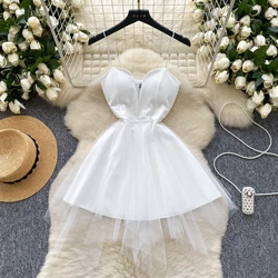 Sexy Sleeveless Vintage V-neck Chic Mesh Slim Straps A-line Ball Gown Short Dresses French Evening High Street Autumn Clothing