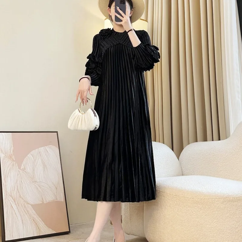 

Miyake плиссированное черное платье женское с длинными рукавами осень и зима новые простые свободные элегантные длинные платья больших размеров для торжественных случаев