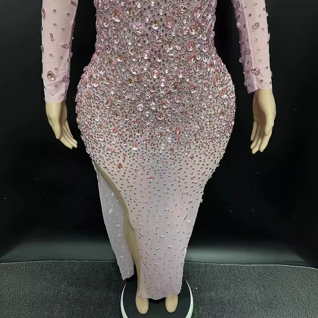 Shiny Pink Diamond Side Split Evening Dress-Elegant Long Sleeve Slim Gown for Special Occasions & Hot Party Events  party dress