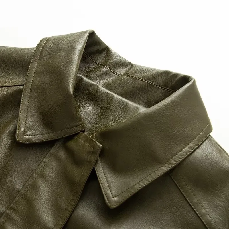 Veste en cuir avec fermeture éclair pour femme, manches longues, col à revers, taille élastique, manteaux courts, Chic, hauts féminins, automne