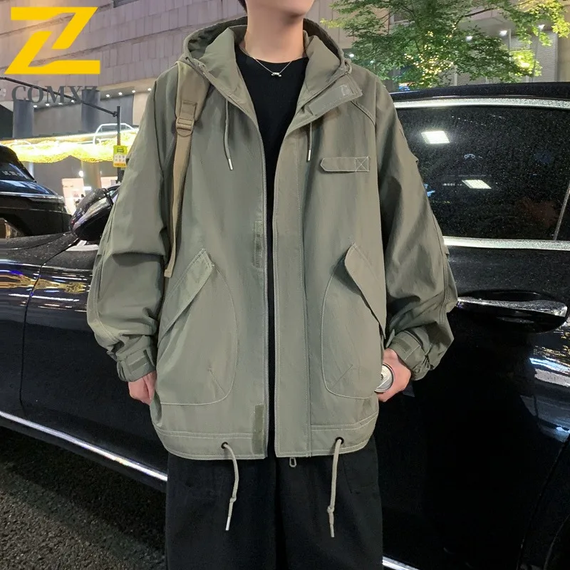 

COMXZ 2025 Mens Winter Hooded Fleece Puffer Jacket American style Waterproof and Windproof Trendy Casual Outdoor Sports Coat