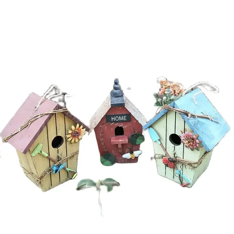 Country Wooden Bird House Cabin  Nest Outdoor Pendant Decoration Pastoral Style Crafts  Cage