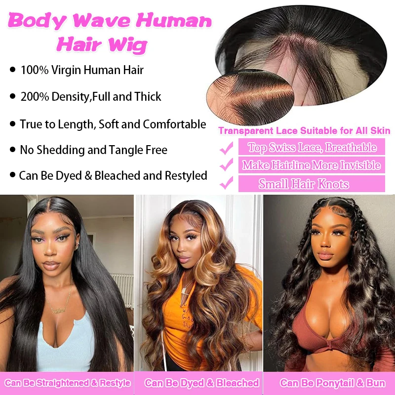 32-38인치 투명 바디 웨이브 레이스 프론탈 인모 가발 13x6 레이스 프론탈 가발 여성용 200% 밀도