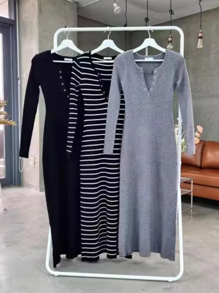 Vestido de Malha t Ajustado F Camada Base Vestido Longo Outono Novo Estilo para o Dia a Dia Cintura Alta Manga ...