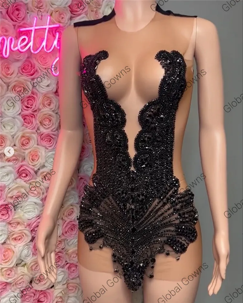 Sexy O Neck Short Prom Dress Black Girls For 2024 Crystal Beaded Diamond Birthday Party Gown Mermaid Mini Abiti Cocktail