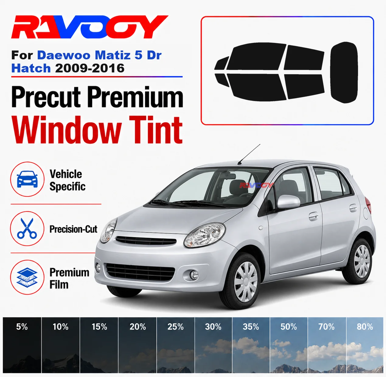 Premium Precut Window Tint Kit Front Windows Rear Windows Rear Windshield For Daewoo Matiz 5Dr Hatch 2009-2016 Nano Ceramic Film