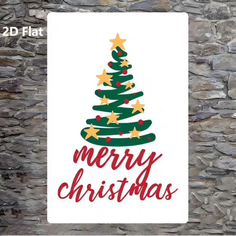 2D Flat Merry Christmas Tree Metal Tin Sign - Green Tree w/ Yellow Stars & Red Dots, Festive Wall Art for Home Xmas Decor - Iron