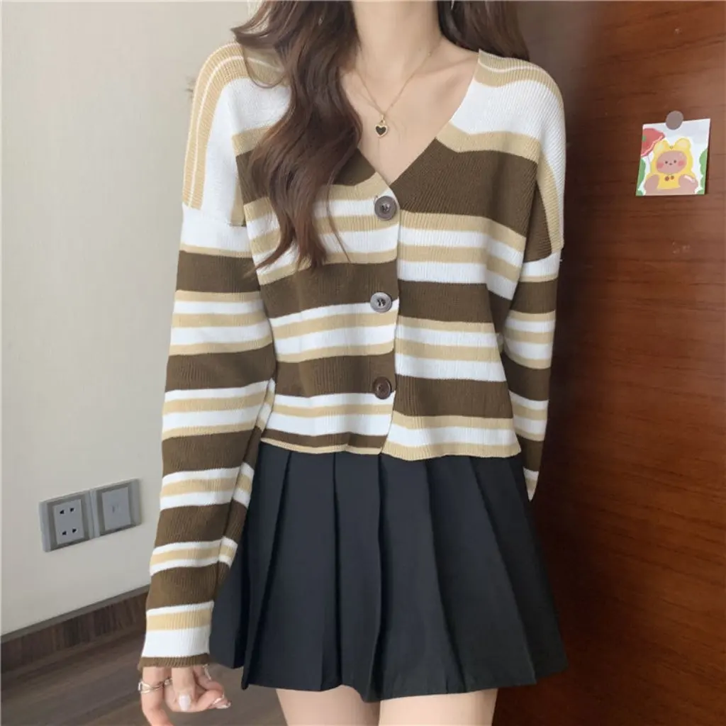 

Women's Korean Style Color-Block Striped Cardigan Knitwear Long-Sleeve Spring Autumn Lazy Style Top