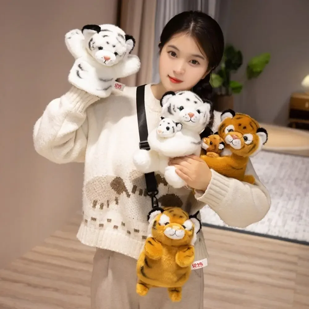 Soft Stuffed Animal Hand Puppet RealLife Plushie Tiger Hand Puppet Mother and Son Headband Tiger Plush Doll Parent-Child