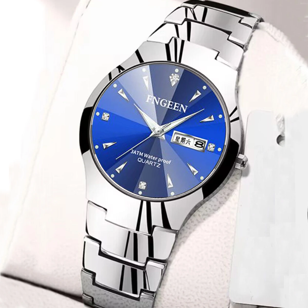 FNGEEN Couple Watch Men Quartz Watch for Lovers Luxury Womens Wristwatch Stainless Steel Waterproof Double Calendar Clock 5808